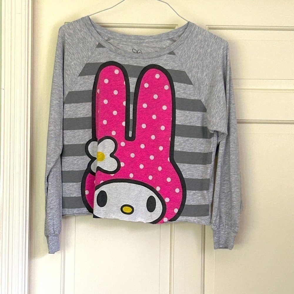 Hello Kitty Sanrio Roll Hem Long Sleeve Top Gray Stripe Pink Size Medium